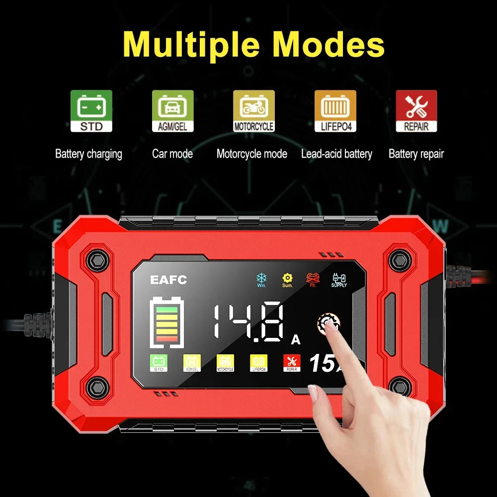 12V15A Car Smart Pulse Repair Charger suitable for cars, motorcycles, boats, AGM, GEL, WET lead-acid batteries Shopifynow