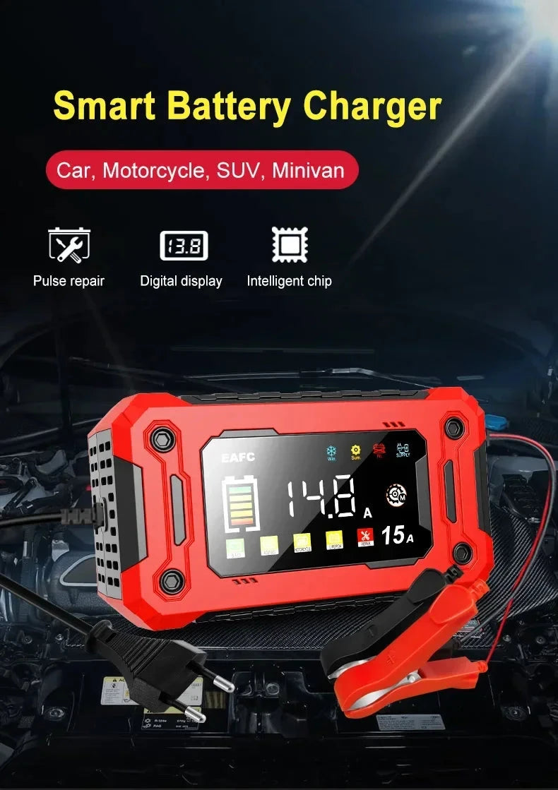 12V15A Car Smart Pulse Repair Charger suitable for cars, motorcycles, boats, AGM, GEL, WET lead-acid batteries Shopifynow