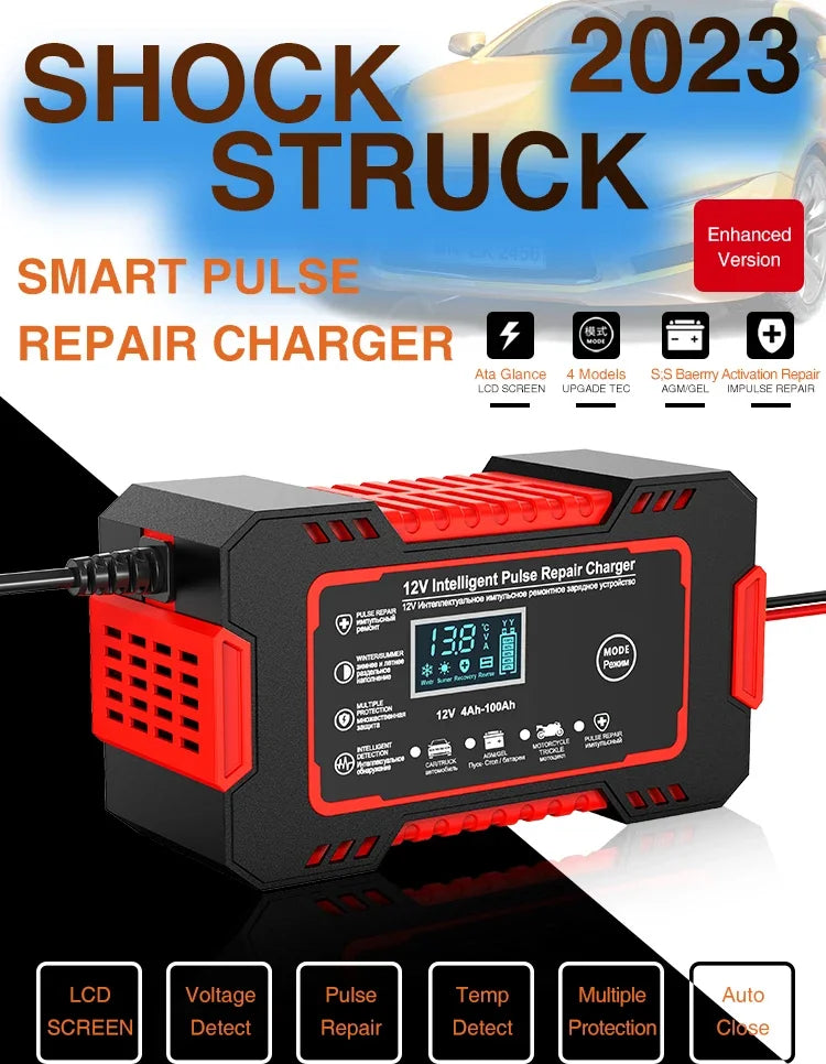 Car Battery Charger 12V Intelligent Pulse Repair LCD Display Car Battery Motorcycle Battery Charging Battery Repair Charger Shopifynow