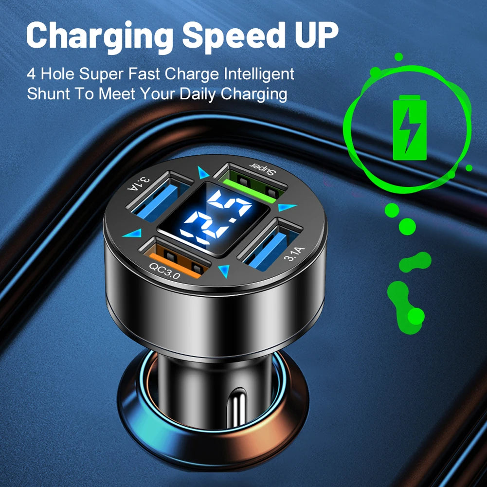 66W Car Charger 4-Port Fast Charging Blue Light Power Socket QC 3.0 Phone Charge Adapter in Car for Xiaomi iPhone Samsung Shopifynow