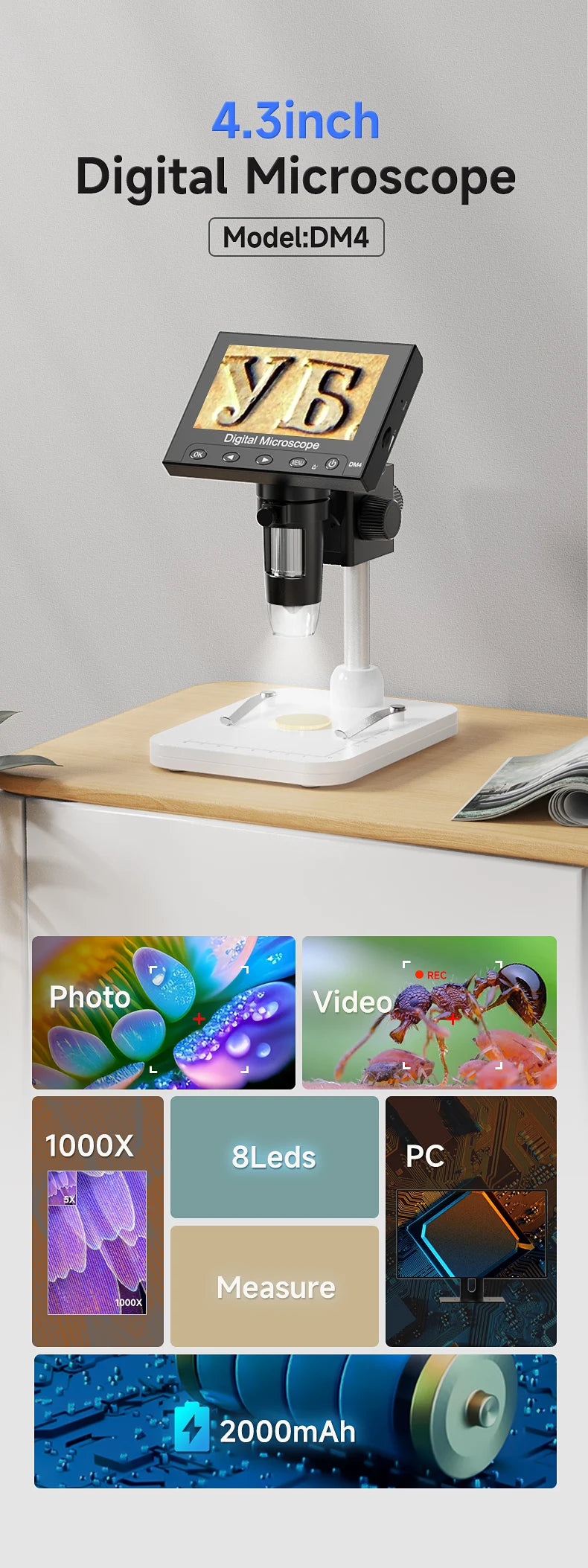 Hayve DM4 Digital Microscope with 4.3 inch IPS Screen 1000X Coin Microscope with 8 LEDs, Compatible with Windows 8GB including Shopifynow