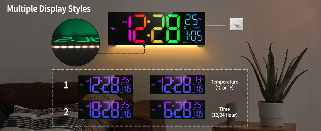 16" Large Digital Wall Clock, Big LED Display with Remote, 8 RGB Color, Alarm, DST, Temperature for Living Room, Kitchen Shopifynow