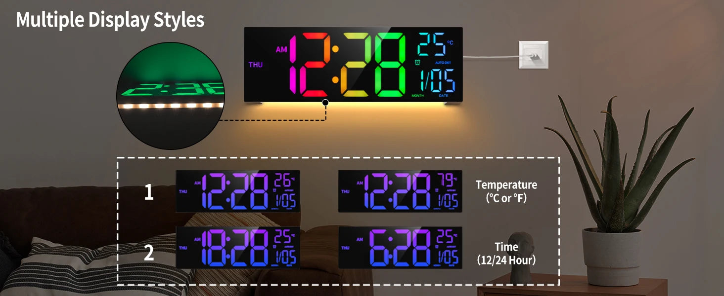 16" Large Digital Wall Clock, Big LED Display with Remote, 8 RGB Color, Alarm, DST, Temperature for Living Room, Kitchen Shopifynow