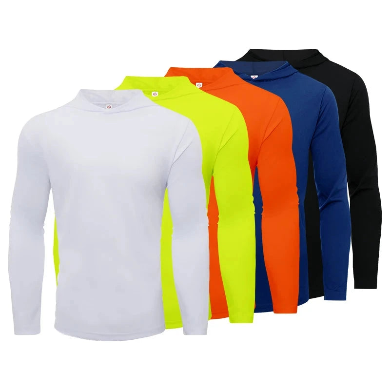 Men's five piece sports long sleeved T-shirt, hooded solid color breathable sports shirt, suitable for running and fitness Shopifynow