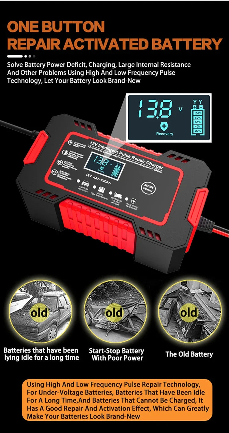 Car Battery Charger 12V Intelligent Pulse Repair LCD Display Car Battery Motorcycle Battery Charging Battery Repair Charger Shopifynow