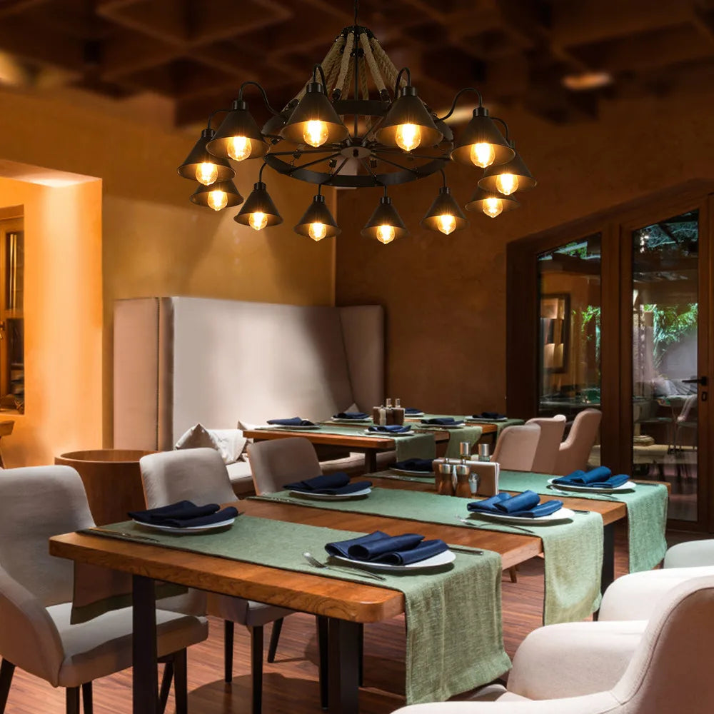 Bymaocar 12 Lights Hemp Rope Vintage Industrial Chandelier Ceiling Light Rustic Wheel Large Pendant Light Fixture Fit  Cafe Bar Shopifynow