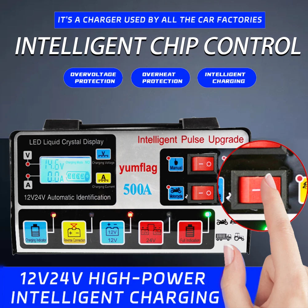 500A Battery High Power Fast Charger 12V/24V Car Battery Charger LCD Display Smart Charger for Lead-Acid AGM GEL EFB Batteries