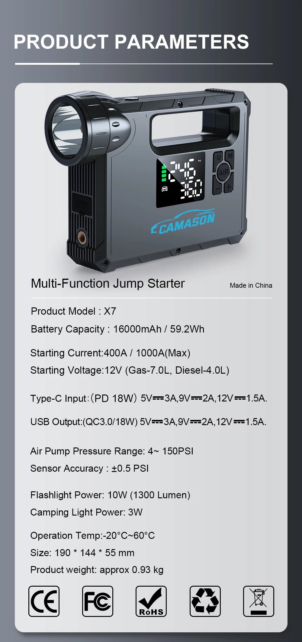 5 in 1 Car Jump Starter with air Compressor Portable Flashlight Starting Device Power Bank Battery Automotive Booster start - Shopifynow