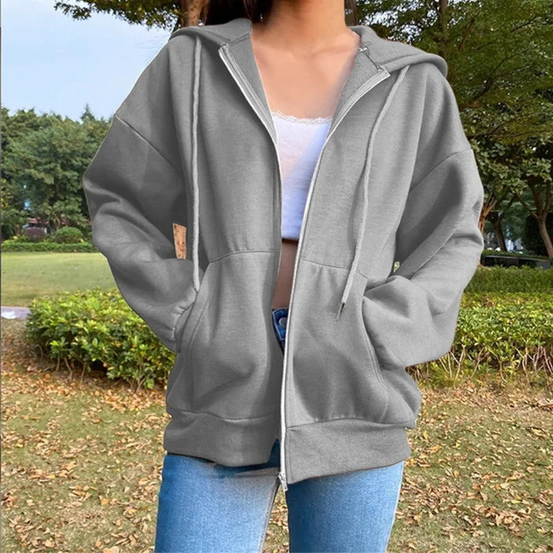 Autumn Fleece Hoodie Solid Color Hooded Korean Fashion Sweatshirts Long Sleeve Top Drawstring Pockets Loose Zipper Black Hoodies Shopifynow