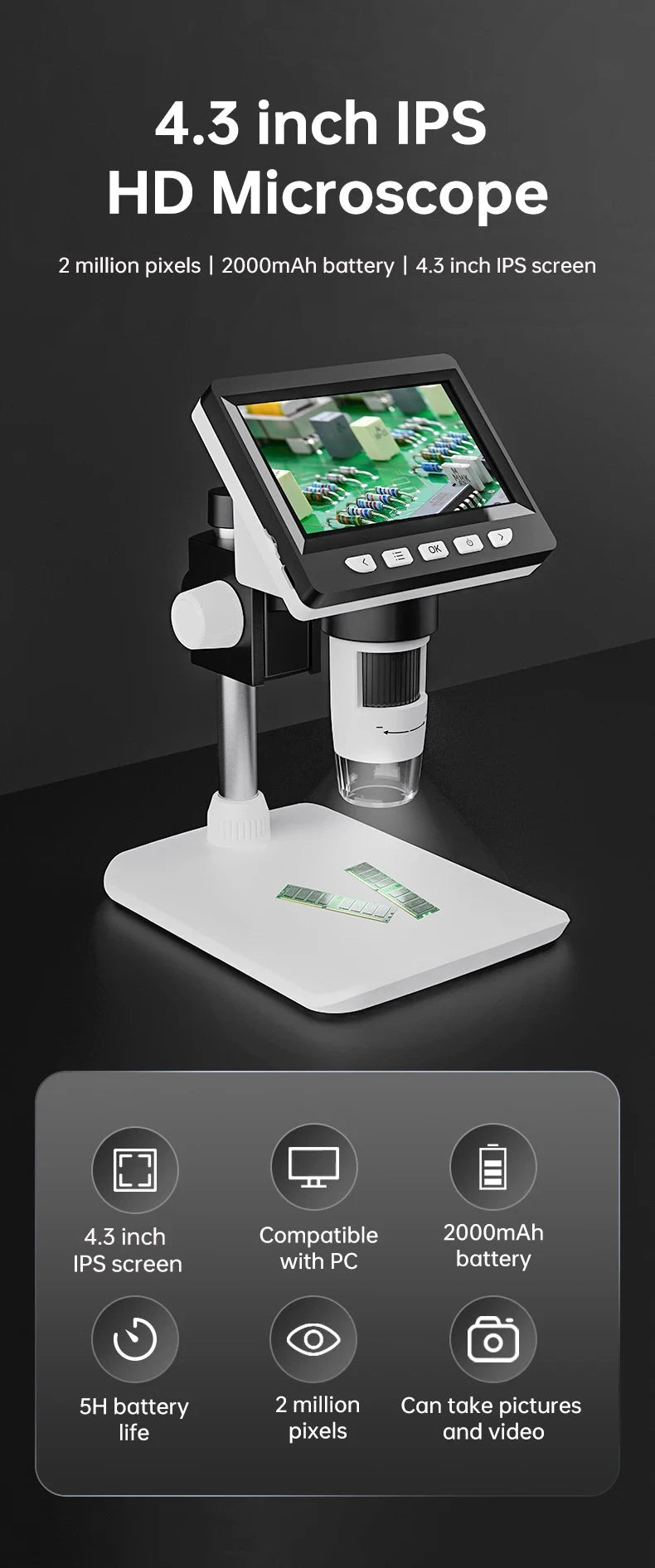 Digital Microscope 4.3" IPS USB Coin Microscope 1000X Magnification 2MP Ultra-Precise Focusing Soldering Microscopes for Repair Shopifynow