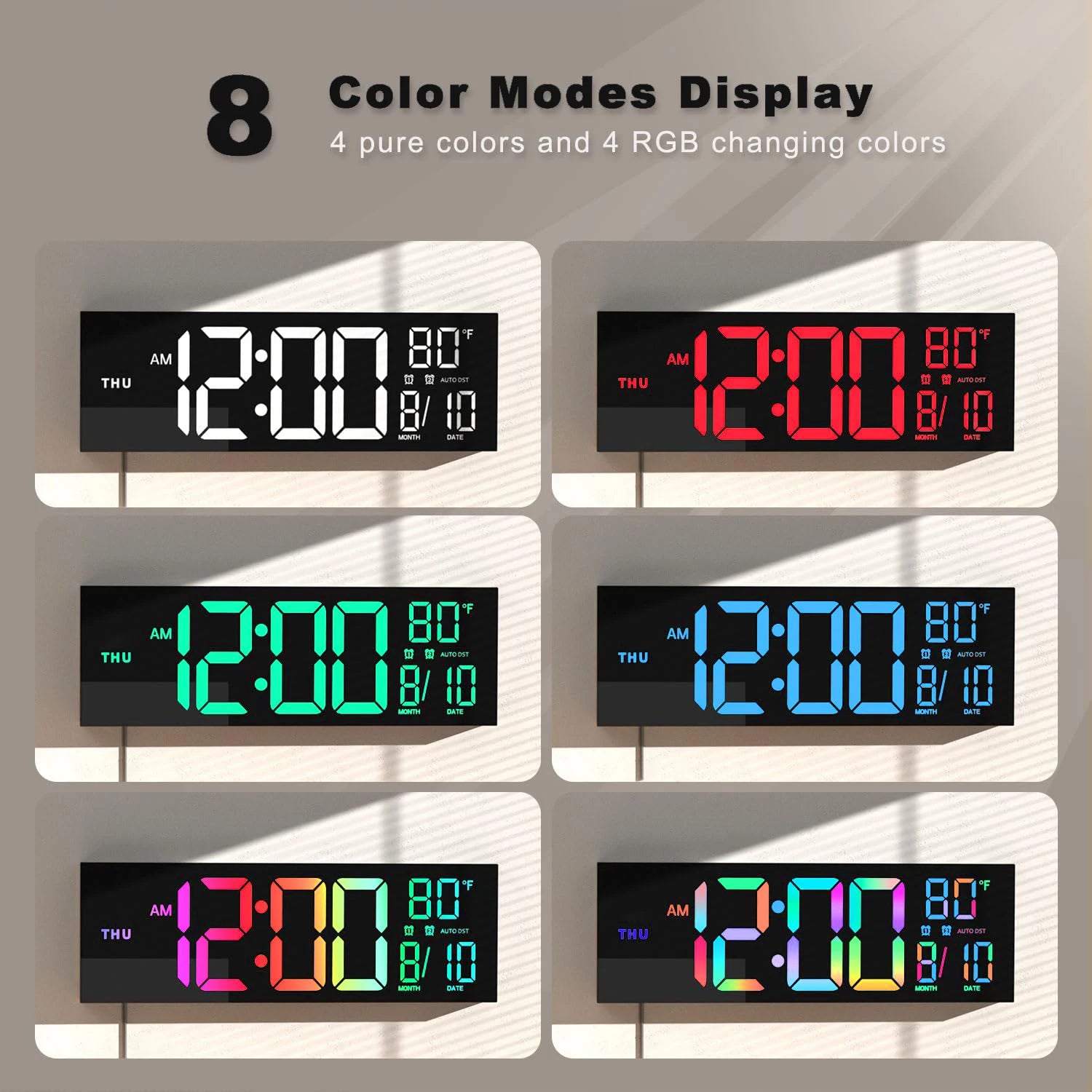 16" Large Digital Wall Clock, Big LED Display with Remote, 8 RGB Color, Alarm, DST, Temperature for Living Room, Kitchen Shopifynow