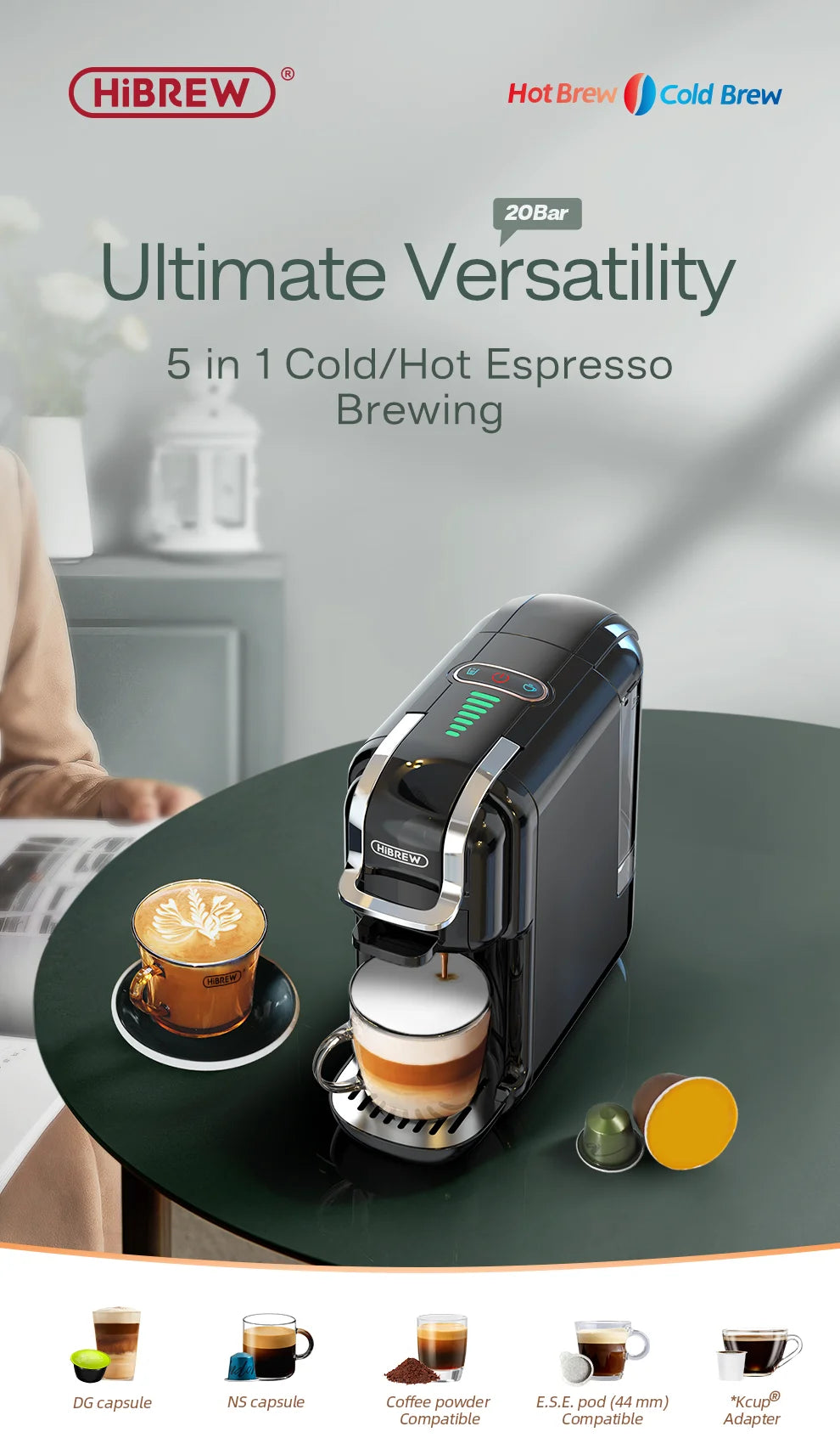 HiBREW Multiple Capsule Coffee Machine, Hot/Cold Dolce Gusto Milk Nespresso Capsule ESE Pod Ground Coffee Cafeteria 20Bar 5 in 1 - Shopifynow