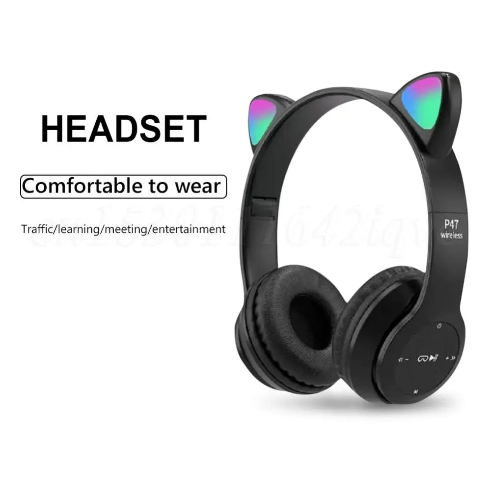 Wireless Headphones Cat Ear Gaming Headset Glow Light Bluetooth-Compatible Helmets Cute Over-Ear Headsets for Kids and Adult Shopifynow