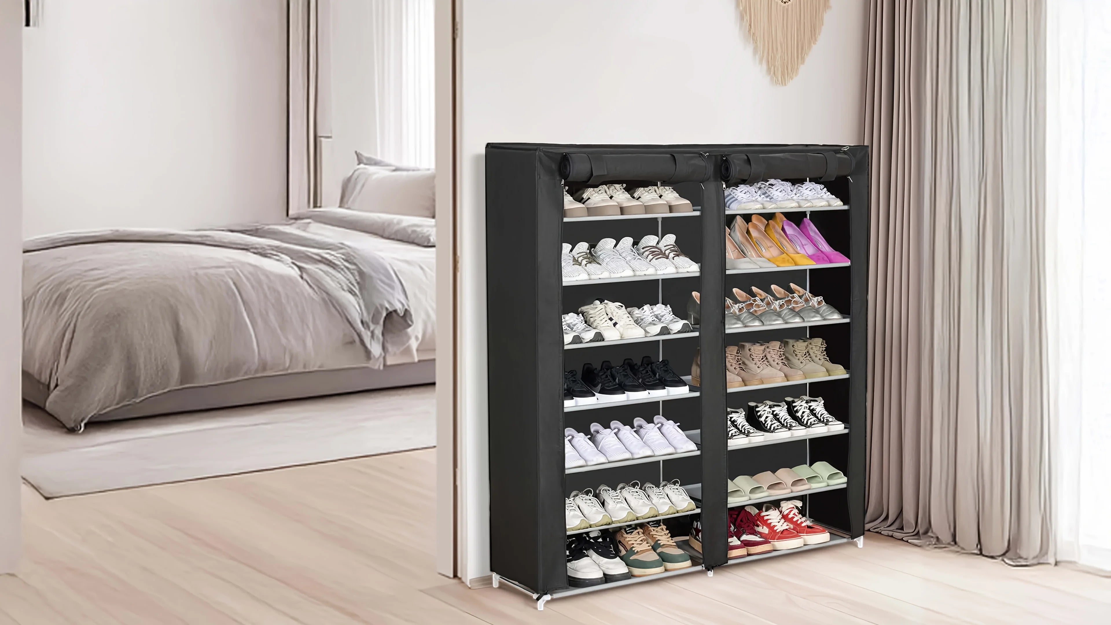 6-layer double row shoe rack with dust cover, easy to assemble and store shoes, black plastic design, 12 grid storage rack Shopifynow