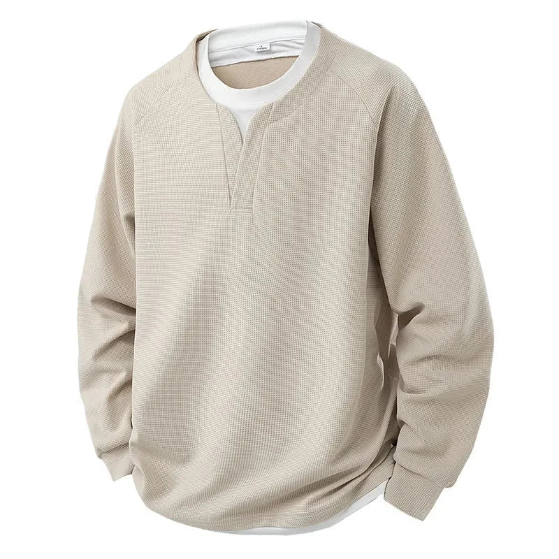 Spring and Autumn New Men Henley neck T Shirt Long Sleeve Casual  Solid color T-Shirt Fashion Waffle Fake two-piece Sweatshirts Shopifynow