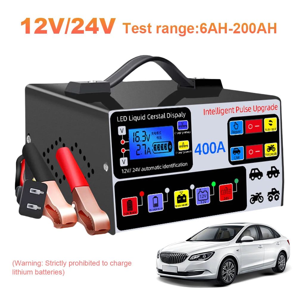 400A Heavy Duty Smart Battery Charger LCD Display Car Battery Charger 12/24V Intelligent Pulse Repair Charger High Power