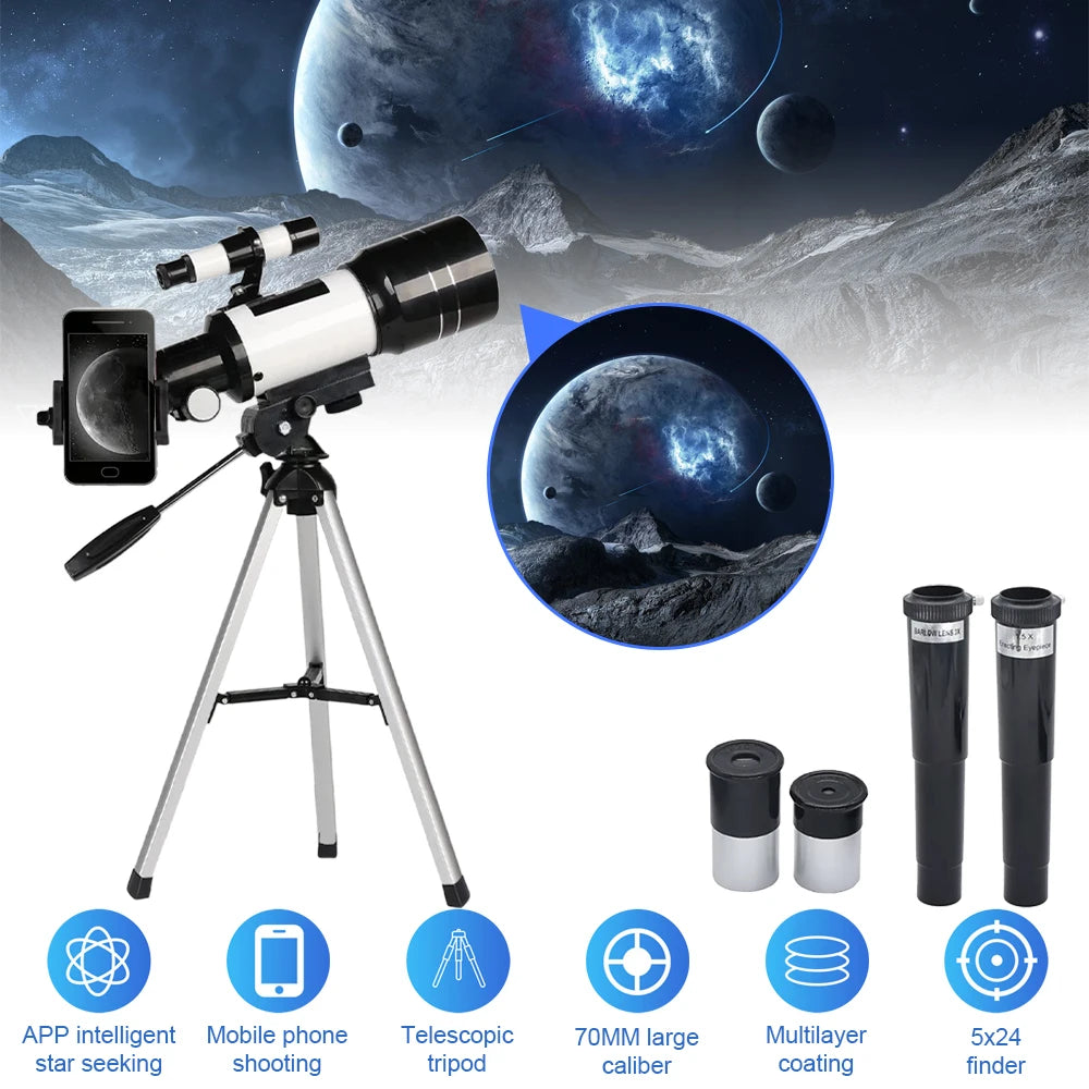 150X Astronomical Telescope , 70mm Aperture Refractor Portable Travel Telescope with Phone Adapter &Wireless Remote Shopifynow