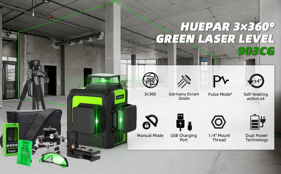 Huepar 903CG Set 12 3D Cross Lines Laser Level Osram Green Laser Beam Self-Leveling 360 Vertical Horizontal with Receiver Tripod - Shopifynow