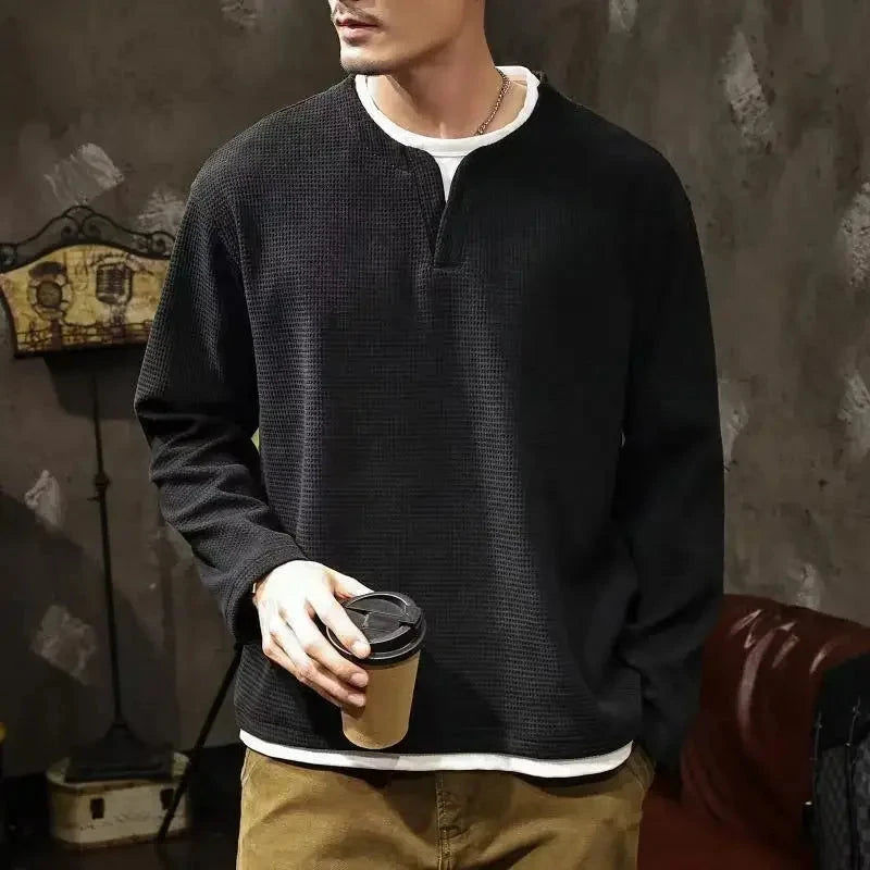 Spring and Autumn New Men Henley neck T Shirt Long Sleeve Casual  Solid color T-Shirt Fashion Waffle Fake two-piece Sweatshirts Shopifynow