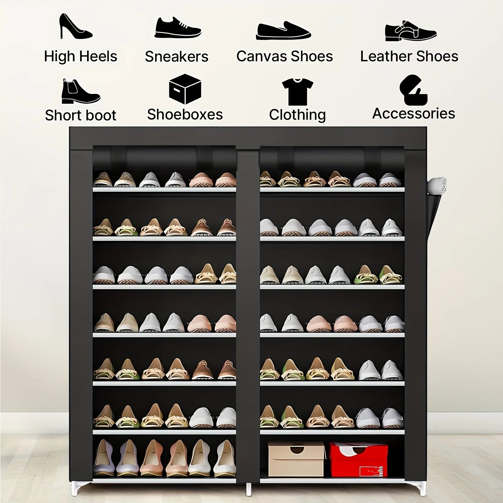 6-layer double row shoe rack with dust cover, easy to assemble and store shoes, black plastic design, 12 grid storage rack Shopifynow