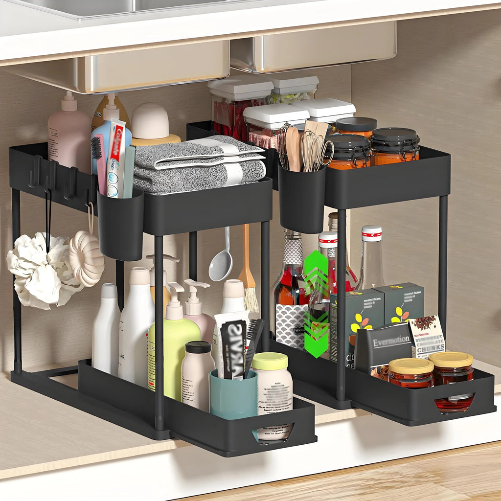 2-Pack Modular Under Sink Shelves - Adjustable Steel Organizer ✔Epoxy-Coated & Rustproof (Cabinet Closet Storage) Shopifynow