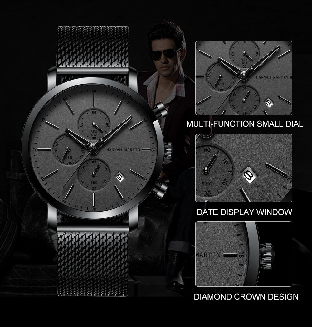Hannah Martin Top Men Watch Brand Business Style Stainless Steel Fashion Waterproof Sports Multifunctional Quartz Watch for Men - Shopifynow