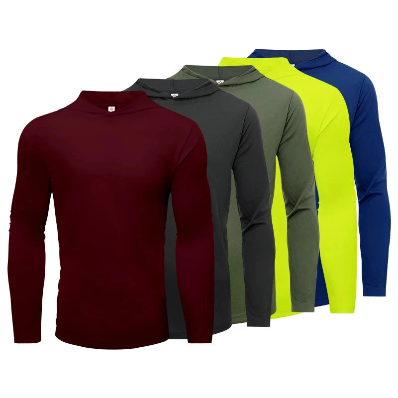 Men's five piece sports long sleeved T-shirt, hooded solid color breathable sports shirt, suitable for running and fitness Shopifynow