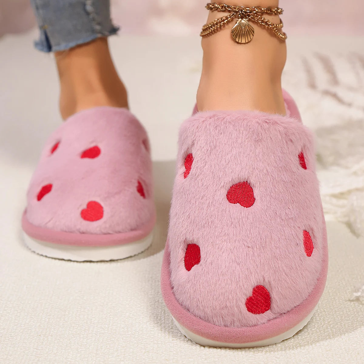 High Quality Women Heart Fleece Slippers Winter Home Fur Fuzzy Memory Foam Shoes Female Indoor Sweet Slides Cozy Cute Footwear Shopifynow