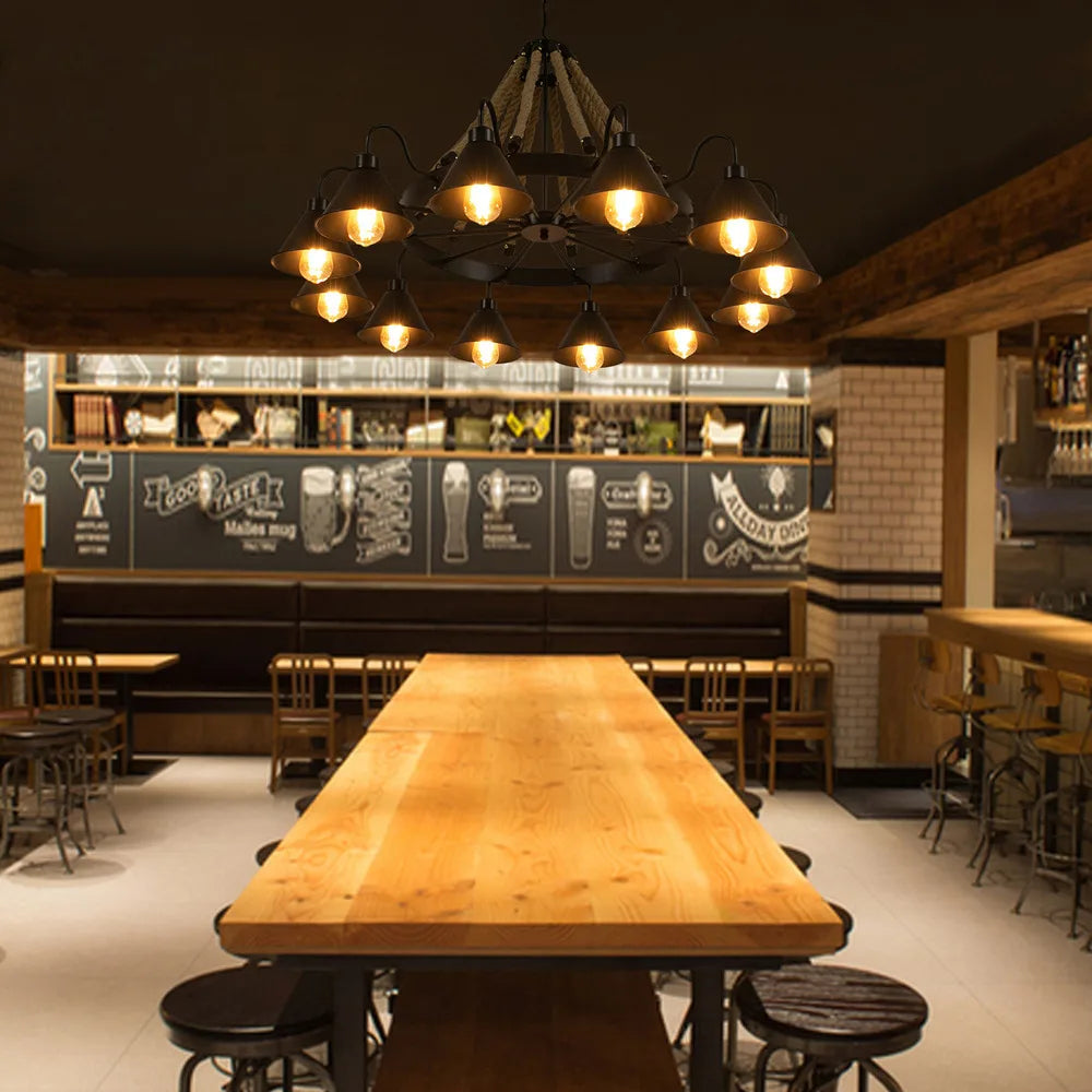 Bymaocar 12 Lights Hemp Rope Vintage Industrial Chandelier Ceiling Light Rustic Wheel Large Pendant Light Fixture Fit  Cafe Bar Shopifynow