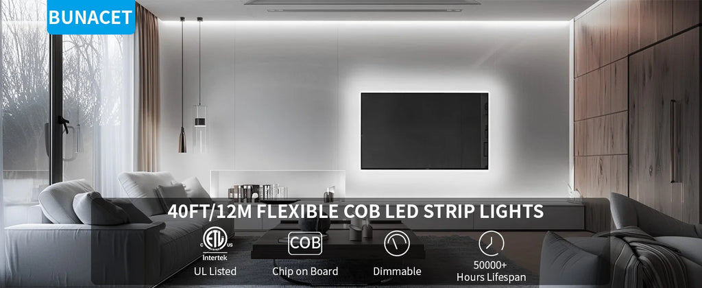 COB LED Strip Light 12m/roll Warm White 3000K 65000K High Lumen CRI 90+ with RF Remote for Bedroom Counter Under Cabinet Kitchen