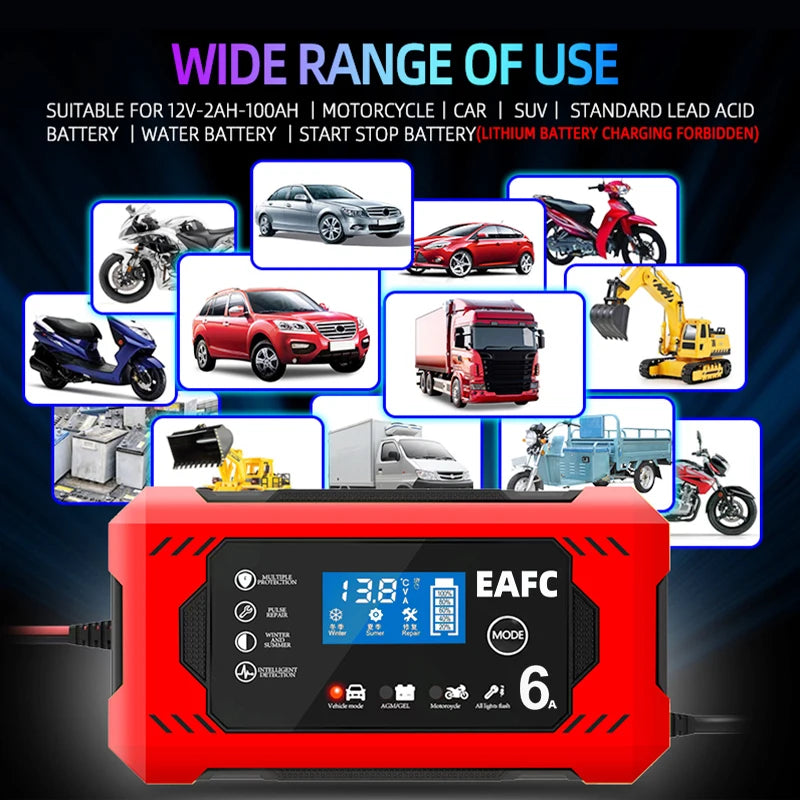 Car Battery Charger 12V 6A Intelligent Fast Charging Pulse Repair Type Full Auto-Stop Dual-Mode Lead Acid for Motorcycle Truck Shopifynow