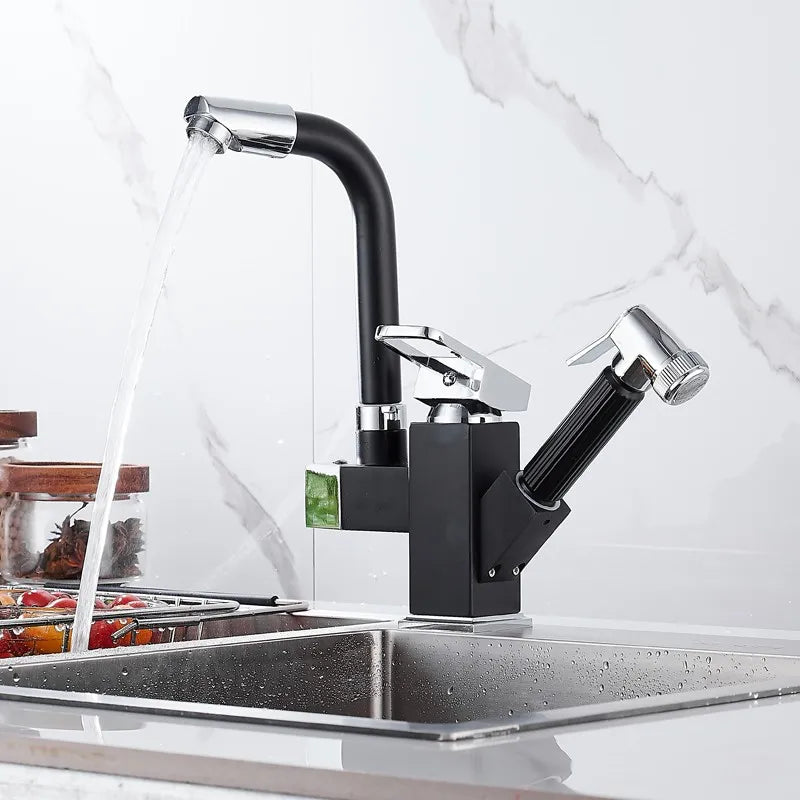 kitchen Sink Faucet Black Deck Mounted Flexible Pull Out Mixer Tap Hot Cold Kitchen Faucet Spring Spout Chrome Silver Faucet Shopifynow