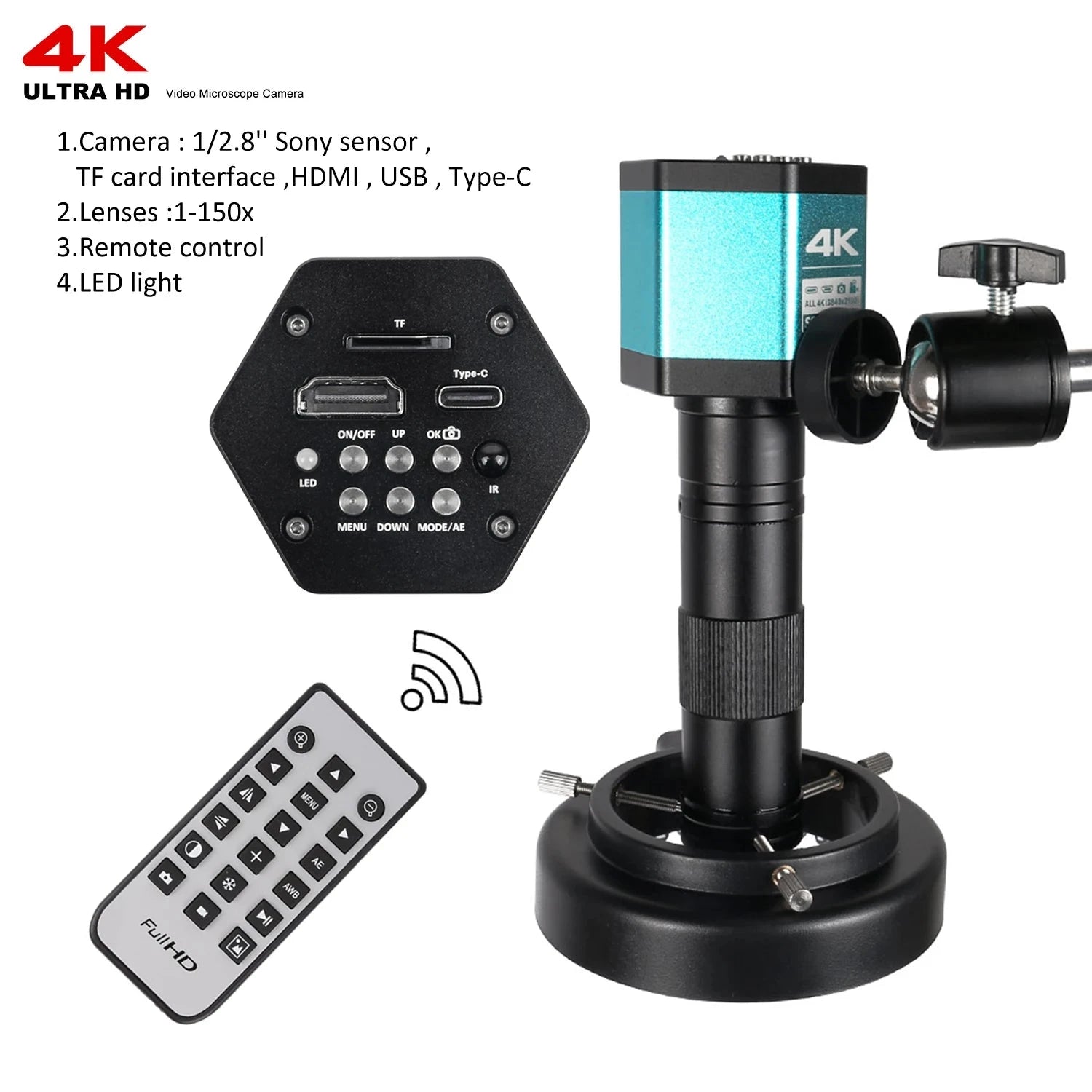 HD 4K Electron Microscope For Soldering 48MP HDMI USB Digital Camera Sony Sensor 150X Lens Reinforced Bracket Reduces Vibration Shopifynow
