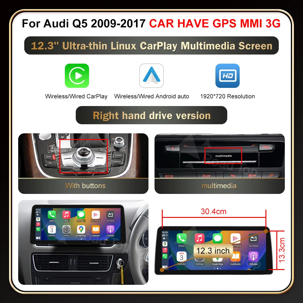 12.3' RoadTop Wireless CarPlay Multimedia Linux Screen Android Auto For Audi Q5 2009-2017 Airplay Autolink Function - Shopifynow