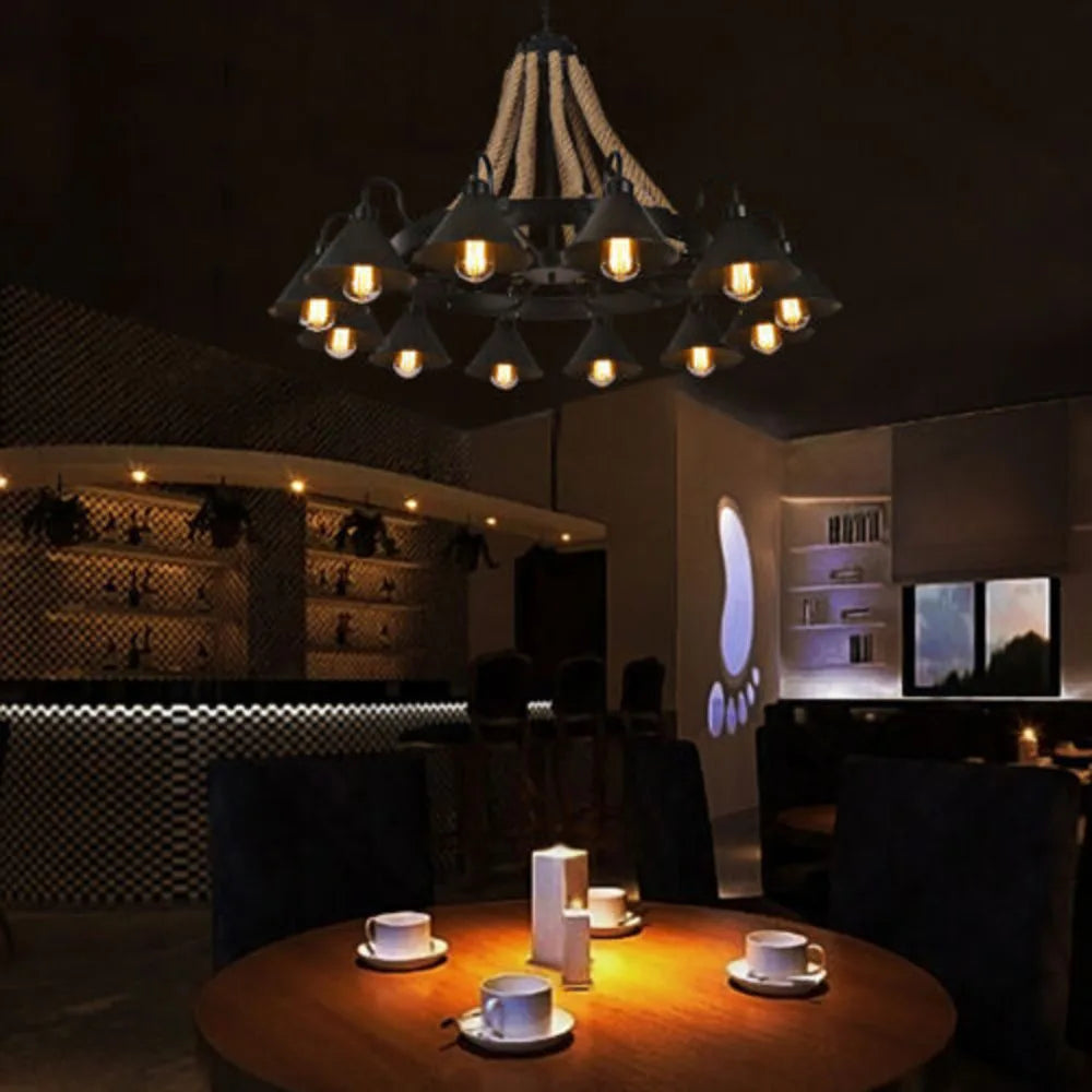 Bymaocar 12 Lights Hemp Rope Vintage Industrial Chandelier Ceiling Light Rustic Wheel Large Pendant Light Fixture Fit  Cafe Bar Shopifynow