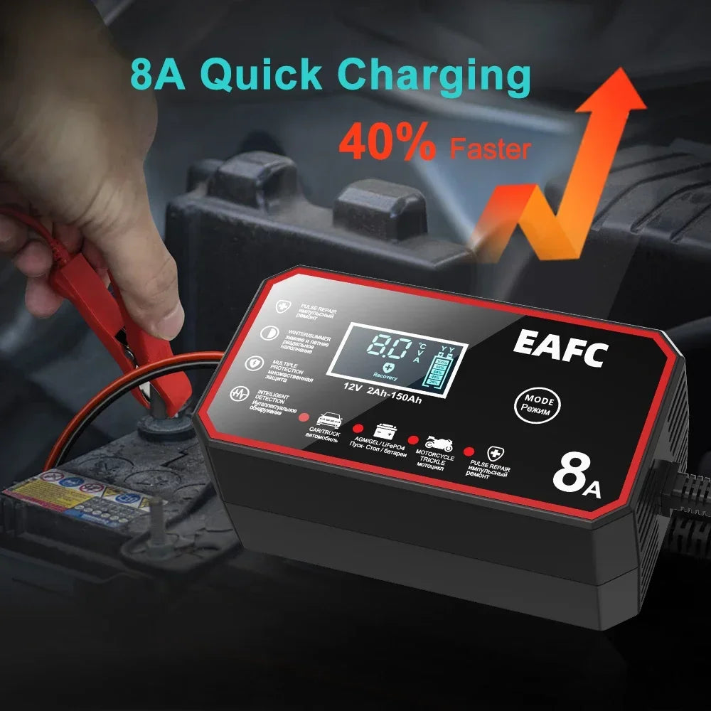 12V 8A Smart Car Battery Charger Automatic Start Fast Charger Pulse Repair Motorcycle Truck Battery Charger GEL Lead Acid Shopifynow