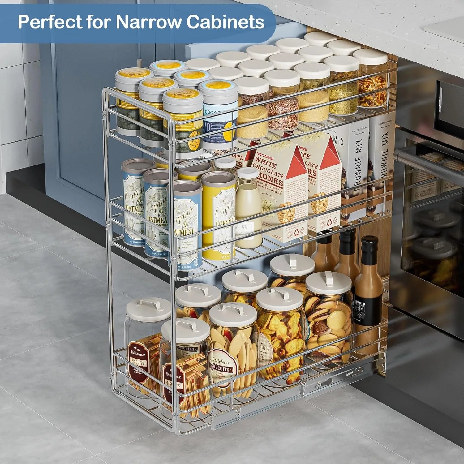 3-Tier Pull Out Cabinet Organizer for Narrow Cabinet (8.5" W X 20.5" D), Kitchen Cabinet Organizer and Storage Cabinet Pull Out