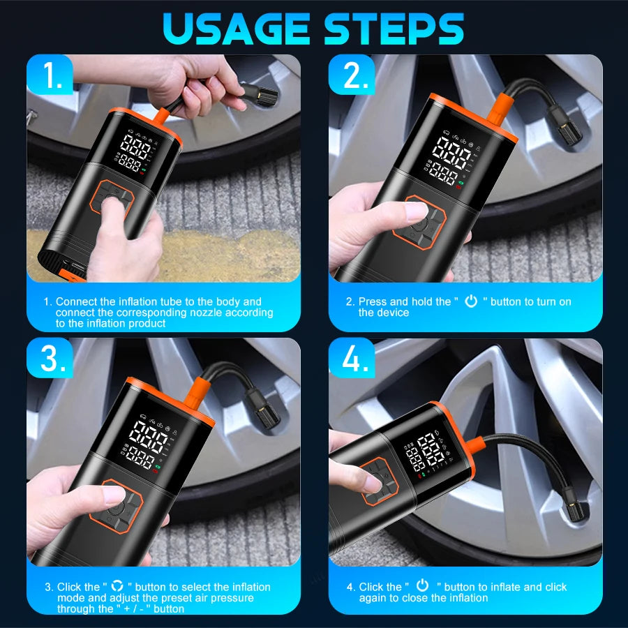 Digital Display Portable Tire Inzzator, USB Rechargeable Air Compressor for Car Bike Motorcycle Tires, Balls, Inflatable Toys Shopifynow