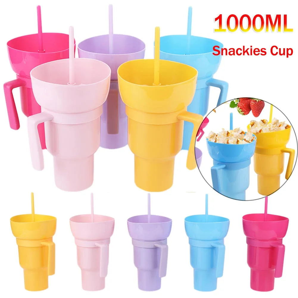1000ml 2 In 1 Portable Snack Bowl Drink Cup Leak-Proof with Straw Stadium Tumbler Water Bottle Splash Proof for Cinema Travel Shopifynow