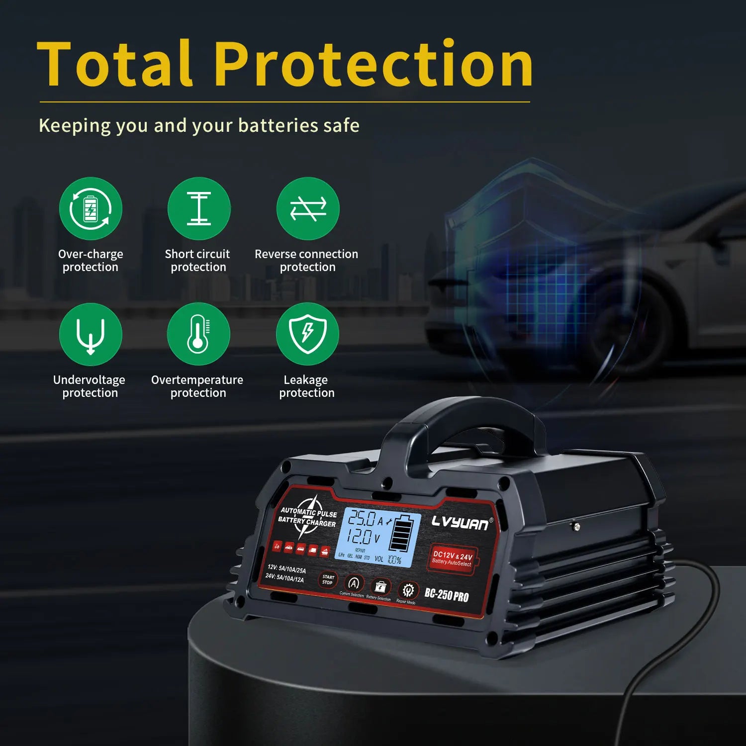 Auto DC12V 24V Battery Charger Smart LCD Display 8-stage Intelligent Charging Car Battery Chager for LiFePO4 AGM GEL Lead-Acid Shopifynow