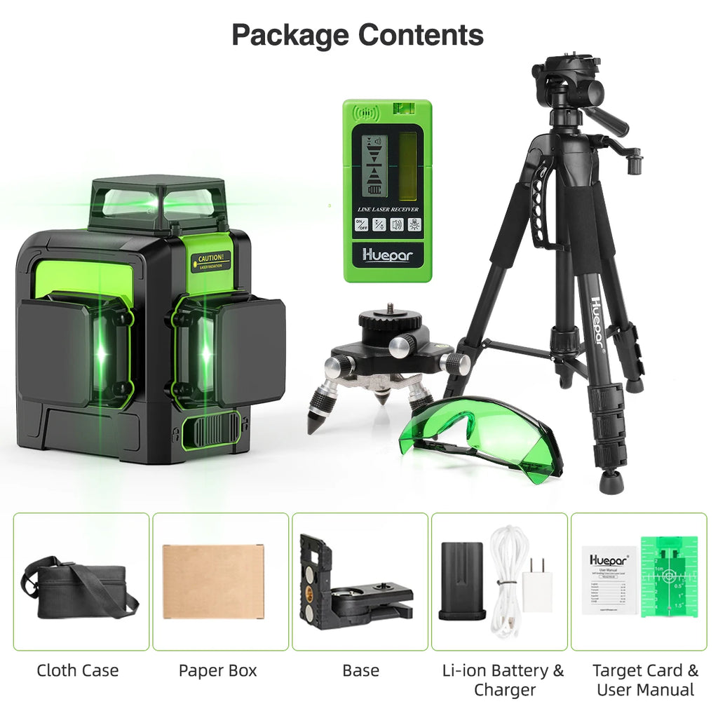 Huepar 903CG Set 12 3D Cross Lines Laser Level Osram Green Laser Beam Self-Leveling 360 Vertical Horizontal with Receiver Tripod - Shopifynow