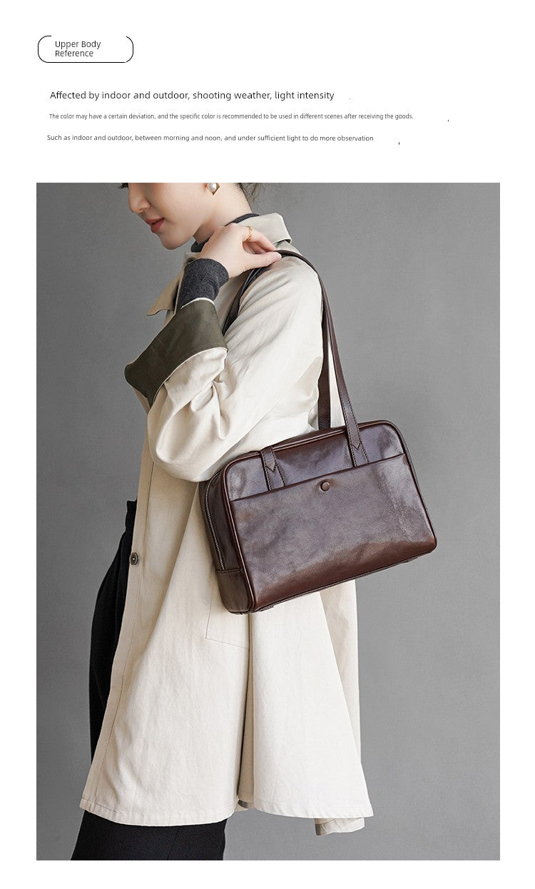 Fan Jia Leather Vegetable Tanned Full-Grain Leather Cowhide Leather Women's 2025 New Arrival Boston Shoulder Work Clothing Bowling Bag Shopifynow