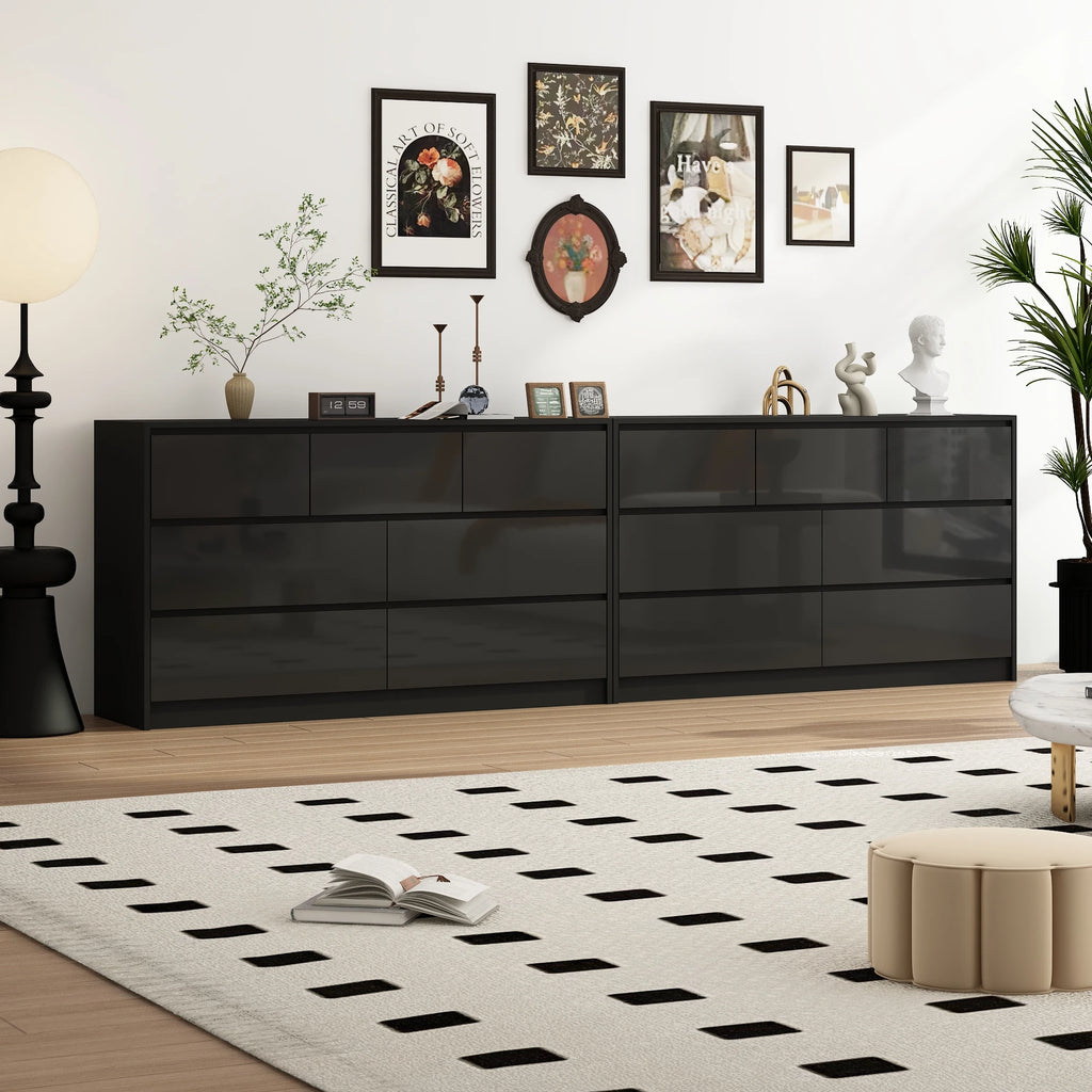 7 Drawer Dresser for Bedroom, 55 Inch Modern Dresser with High Gloss Drawers, Large Wood Chest of Drawer, White/Black Shopifynow