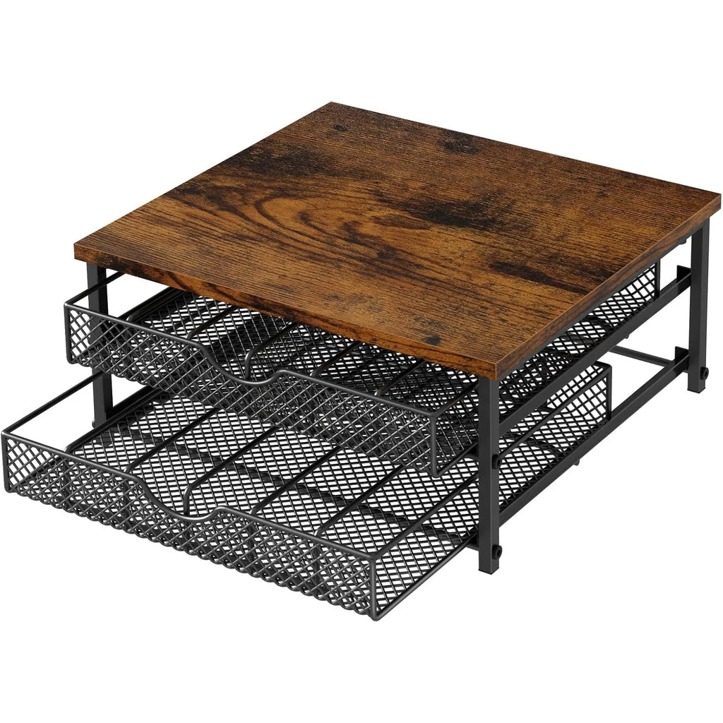 2-Tier 72-Cap Coffee Pod Organizer | Industrial Brown/Black Drawer w/ Baskets | Space-Saving K-Cup Storage Shopifynow