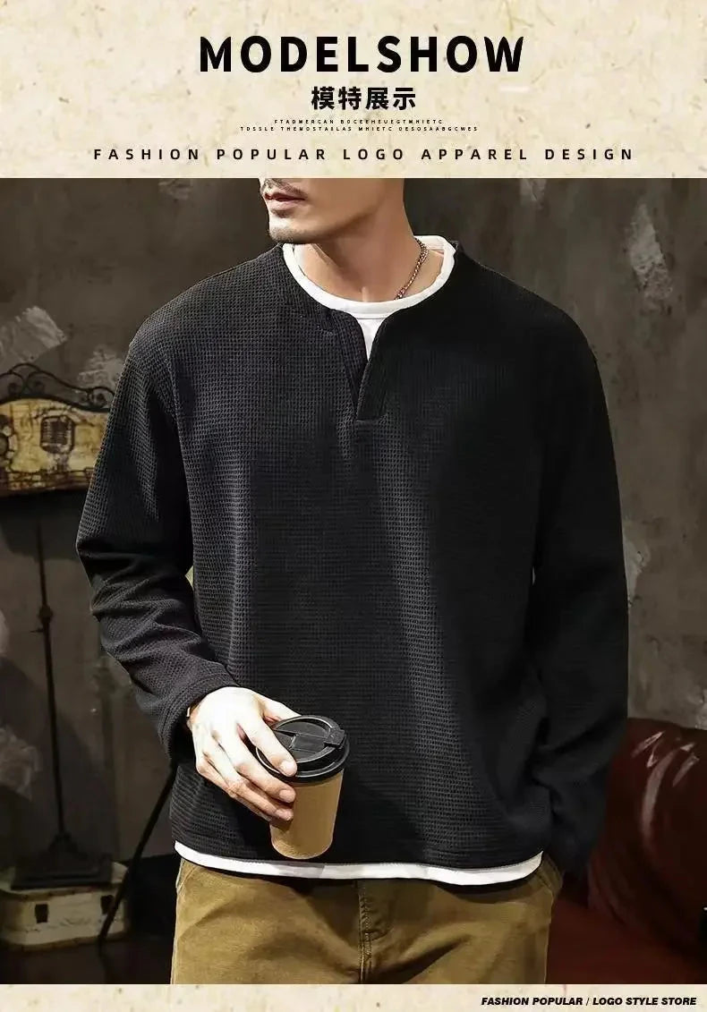 Spring and Autumn New Men Henley neck T Shirt Long Sleeve Casual  Solid color T-Shirt Fashion Waffle Fake two-piece Sweatshirts Shopifynow
