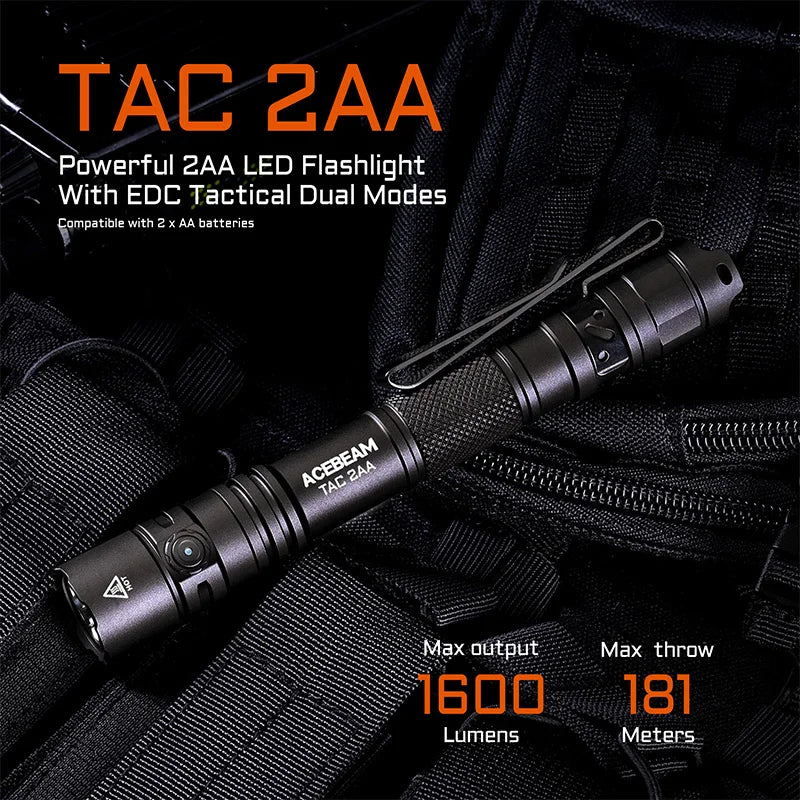 ACEBEAM TAC 2AA LED flashlight 1600 lumen 181 meters portable EDC flashlight USB-C rechargeable battery double buttons torch - Shopifynow