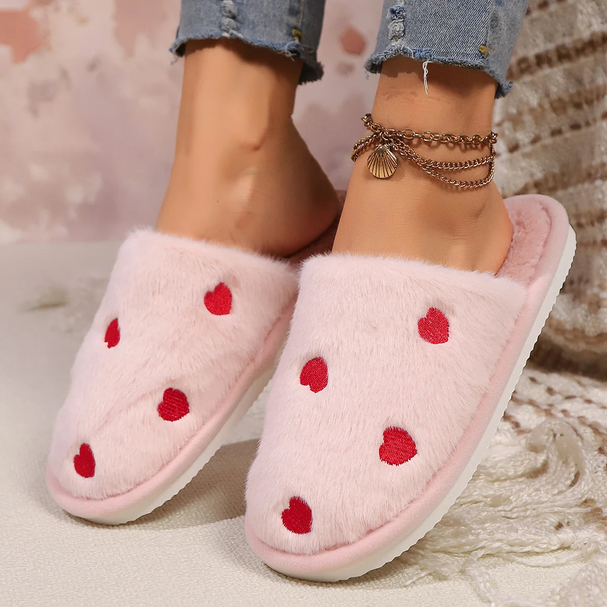 High Quality Women Heart Fleece Slippers Winter Home Fur Fuzzy Memory Foam Shoes Female Indoor Sweet Slides Cozy Cute Footwear Shopifynow