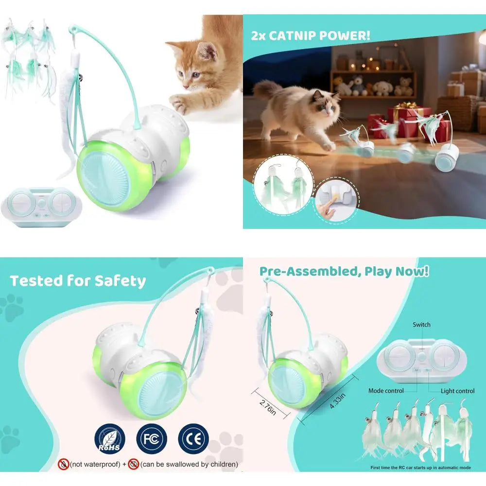Interactive Cat Toy Car - Remote Control Cat Toys Catnip Feathers & LED Lights, Auto/Moving Chase Cats Toy to Keep Bored Cats Ac