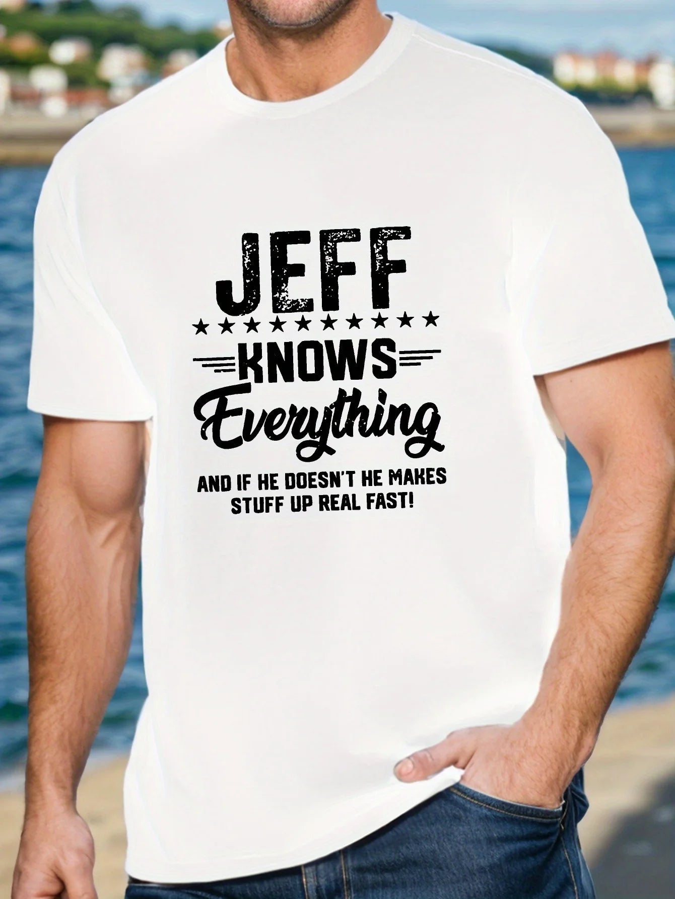 JEFF KNOWS EVERYTHING Graphic Print T-Shirt For Men, Casual Crew Neck Short Sleeve Tee, Summer Collection, Machine Washable