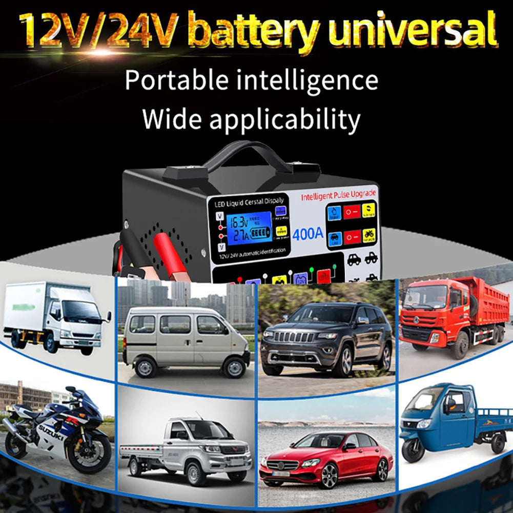 Heavy Duty Car Battery Charger 12/24V 400A Full Automatic Car Battery Charger 220W High Power Smart Pulse Repair Battery Charger